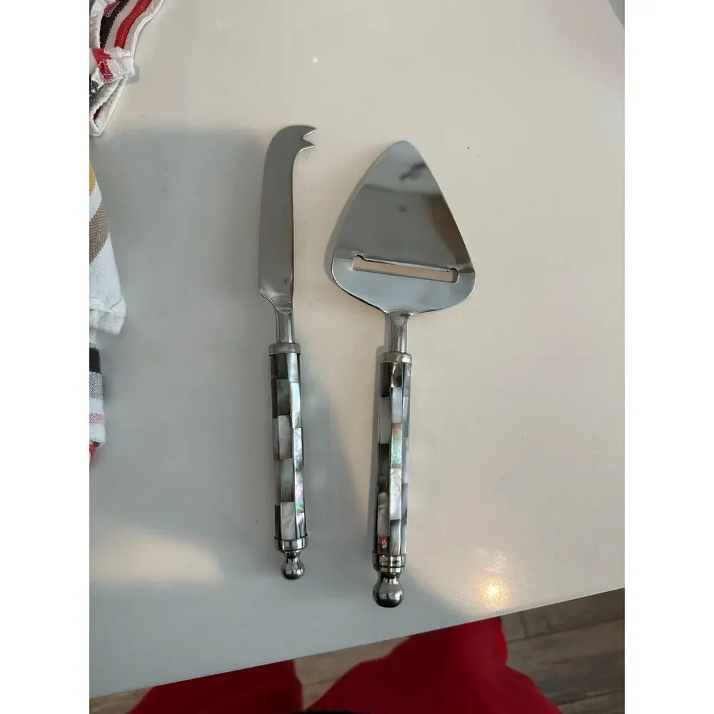 Vintage 2Pc Cheese Serving Set Knife Abalone Shell Handles